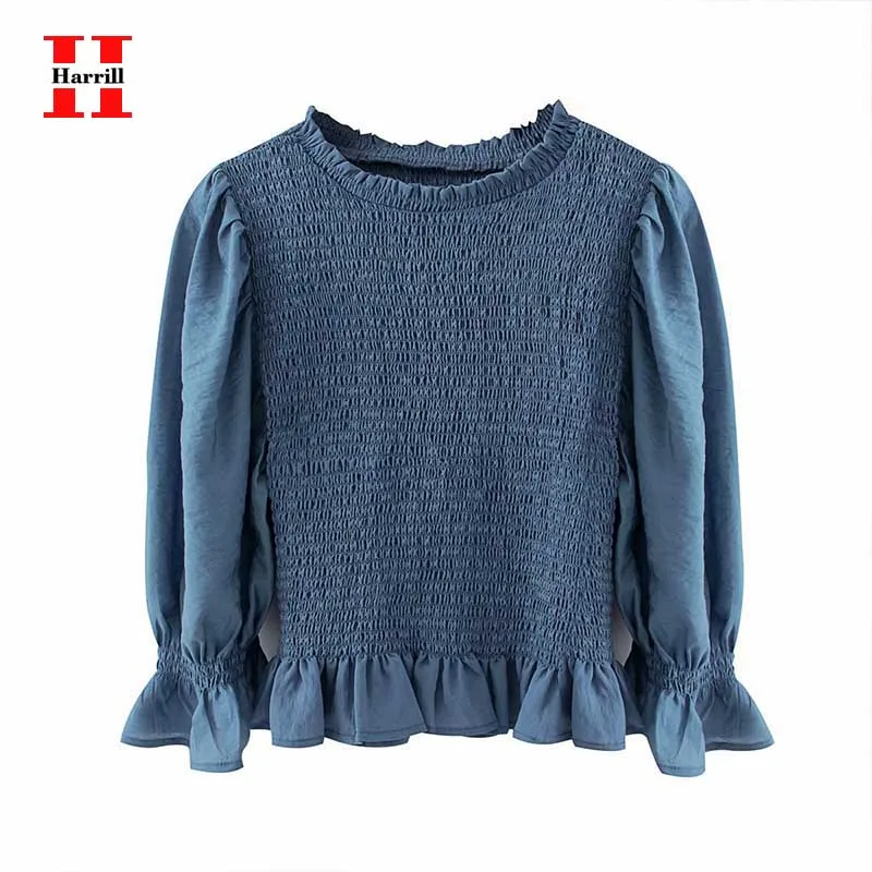 

Office Ladies Blue Elastic Blouse Women Spring Flare Long Sleeve Top Woman O-Neck Ruffles Blouses Women Elagant Clothes Blusas