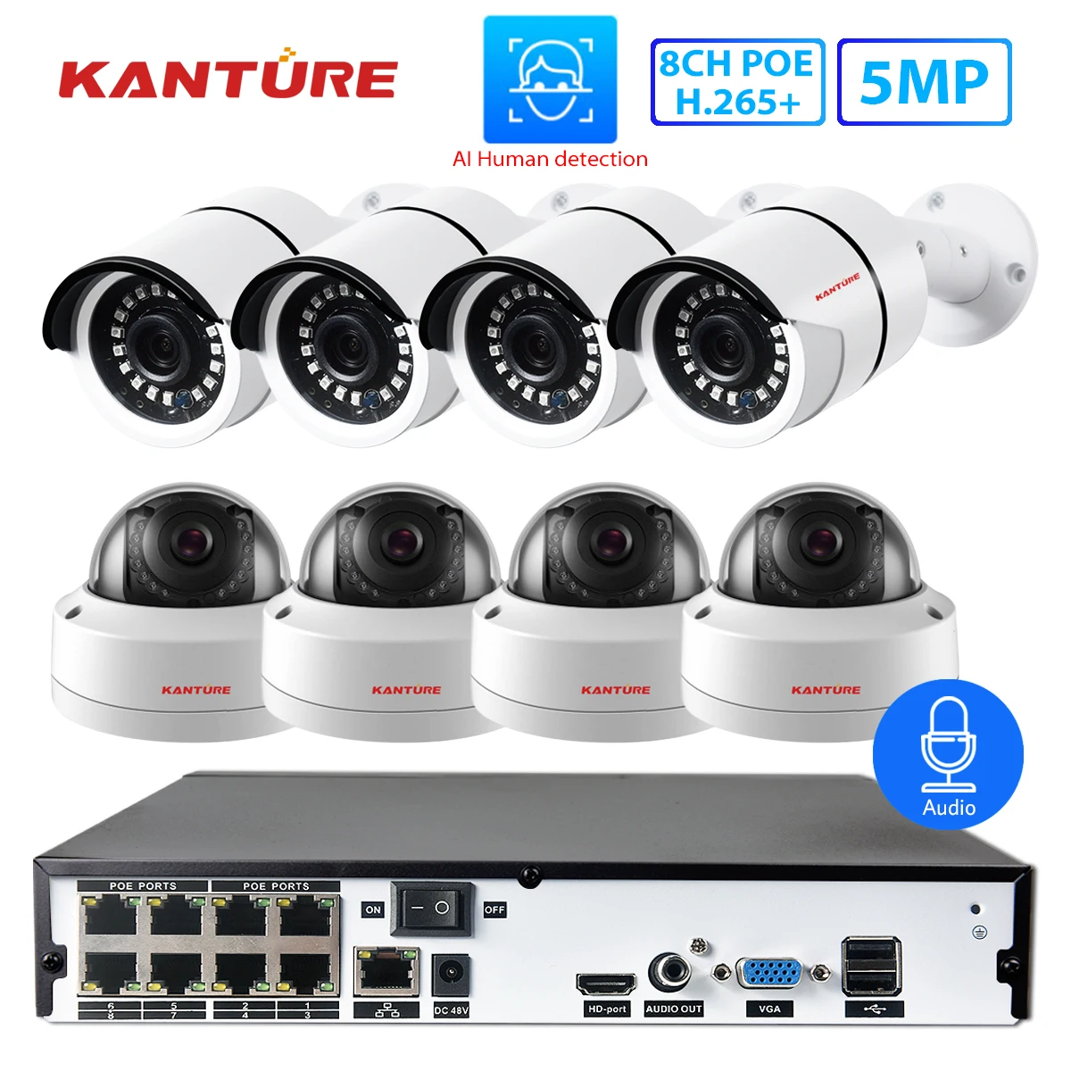 KANTURE H.265+ 8CH 5MP POE NVR комплект аудио 5MP антивандальные безопасности Крытый Открытый IP камера видеонаблюдения системы Onvif