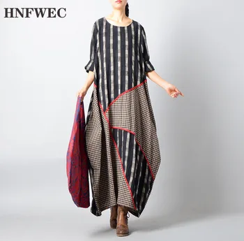 

2019 Spring Autumn New Pattern Round Collar Long Sleeve Striped Patchwork Plaid Asymmetrical Vintage Dress Women W832