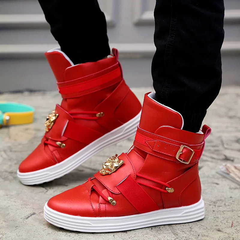 Rivet metal Hip Hop boots Men White Solid Dance Platform Flats Fashion buckle High Top Zapatillas Hombre jkm90