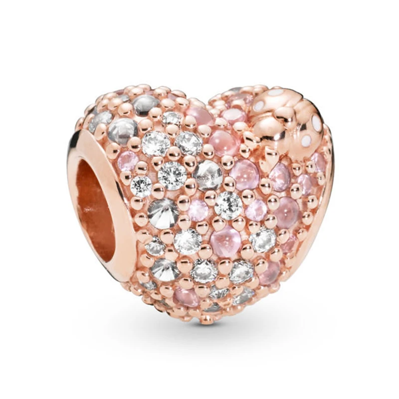 

2019 NEW 100% 925 Sterling Silver Pink Gleaming Ladybird Heart Charm Rose Gold Bead Fit European DIY Women Bracelet Jewelry Gift