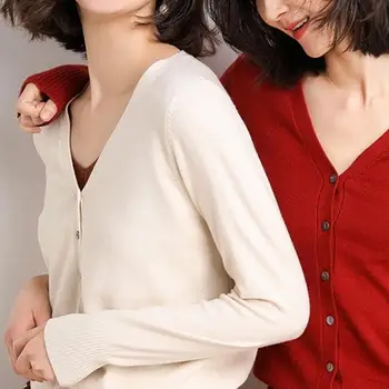 

Women Solid Color V Neck Button Long Sleeve Knitted Cardigan Thin Sweater Coat