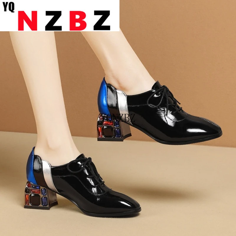 Botas descalzas con cordones mujer, zapatos de vestir de charol, tacón medio de cristal, de retales, otoño, 2021|Zapatos de tacón de - AliExpress