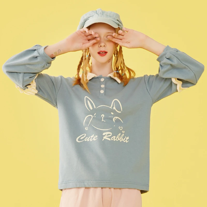 Merry Pretty Women's Cartoon Rabbit Print Cute Hoodies Sweatshirts Winter Warm Ruffles Patchwork Turndown Collar Pullover