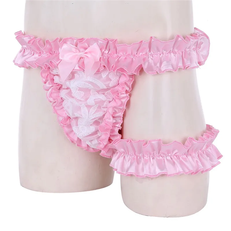 Мужское нижнее белье Sissy кружевные оборки атласные гофрированные высокие срезанные трусики-стринги Нижнее белье с подвязка на бедро пояс Homme сексуальные трусики