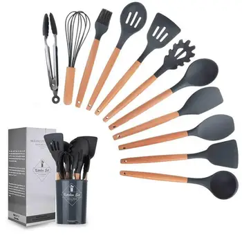 

3 Colors 11Pcs/Set Light Green Color Silicone Kitchenware Set with Wooden Handle 12.5x12.5x33.5cm