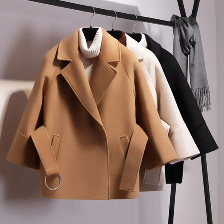 

Solid Warm Loose Winter Woolen Coats Women Fashion Sashes Plus Size Cloak Korean Office Lady Elegant Cashmere Coats Veste Femme