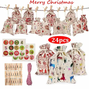 

Christmas Linen Cotton Bag Muslin Gifts Jewelry Packaging Bags Cute Drawstring Decor for Calendar Countdown Christmas Party