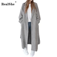 RealShe, длинное женское пальто,, с отворотами, поясом, карманами, пальто и куртки для женщин, большой размер, длинный плащ, Весенняя верхняя одежда, шерстяное пальто для женщин