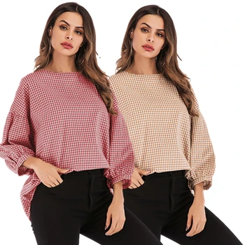 

Autumn Plaid T-shirt For Women Long Sleeve Red Apricot Top For Lady Fashion