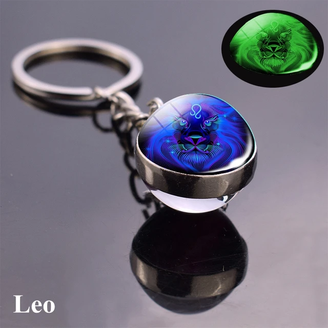 12 Constellation Luminous Keychain Glass Ball Pendant Zodiac Keychain Glow In The Dark Key Chain Holder Men Women Birthday Gift Leo Blue
