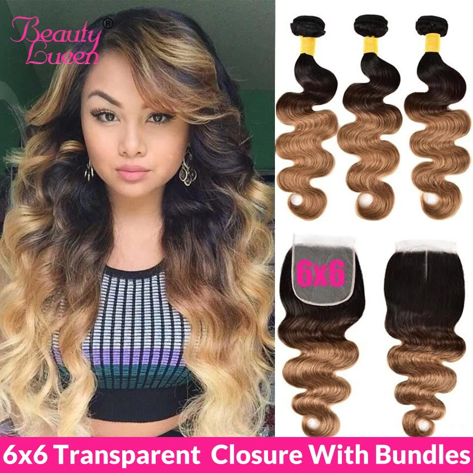

Ombre Body Wave Brazilian Hair Weave 3/4 Bundles With Closure Remy Transparent Invisible 6X6 Closure And Human Hair Bundles