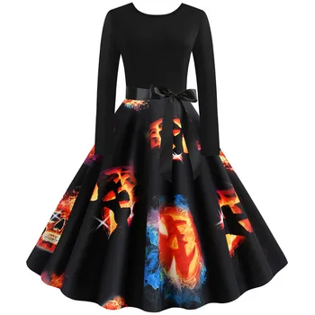 

2019 Fashion Women Halloween Dress Pumpkin Print Elegant Vintage Black Long Sleeve Autumn Winter Party Vestidos Plus Size