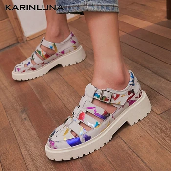 

KarinLuna 2020 New Fashion Print Genuine Leather Women Sandals Square Heels Round Toe Platform Pumps Summer Casual Women Shoes