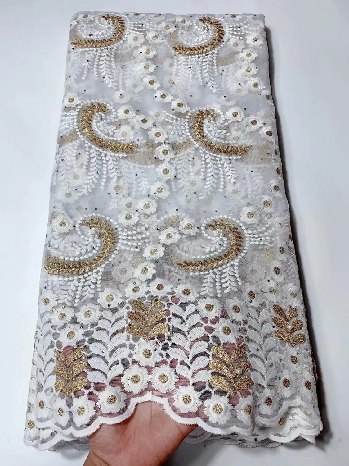 Белая кружевная ткань 2019 Высокое качество Золотая нигерийская для женщин платье