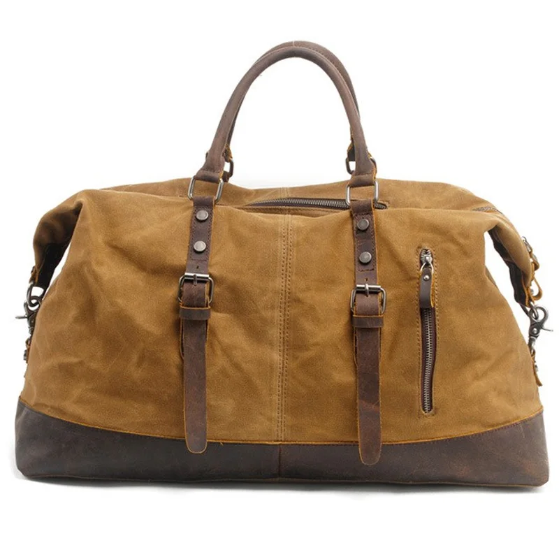 

Vintage Waxed Canvas Men Travel Duffel Large Capacity Oiled Leather Weekend Bag Basic Holdall Tote Overnight Bags Khaki