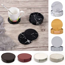6Pcs PU Leather Coaster Set Imitation Marble Round Coaster Table Placemats Drink Coffee Cup Mat Easy to Clean Tea Holder Pad