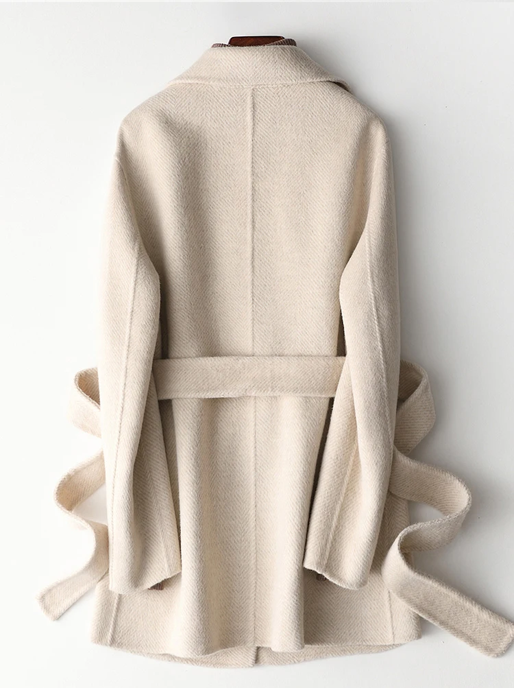 Женское кашемировое бежевое пальто элегантное шерстяное пальто с отложным воротником и поясом осеннее теплое пальто Casaco Feminino