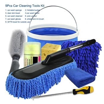 

2020 New 9Pcs Microfibre Car Wash Cleaning Tools Set with Foldable Bucket for Exterior Washing Interior Cleaning