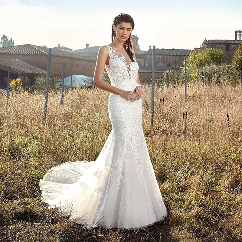 

Eightale Long Wedding Dress Mermaid 2019 Appliques O-Neck Lace Custom Made Boho Wedding Gowns Tulle Backless Train Bride Dress