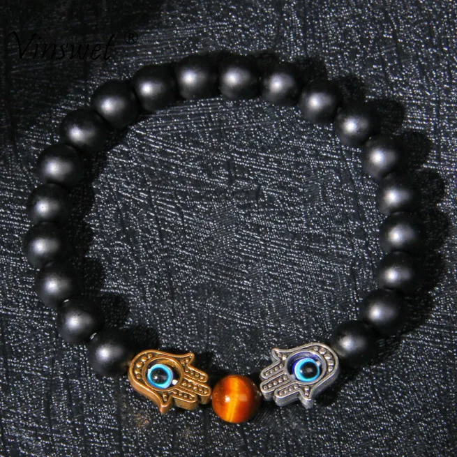 

Natural Stone Bracelet Obsidian Men Braslet Beads Fatima Hand Bracelets for Women Men Elastic Couple Bracelet Femme Jewelry