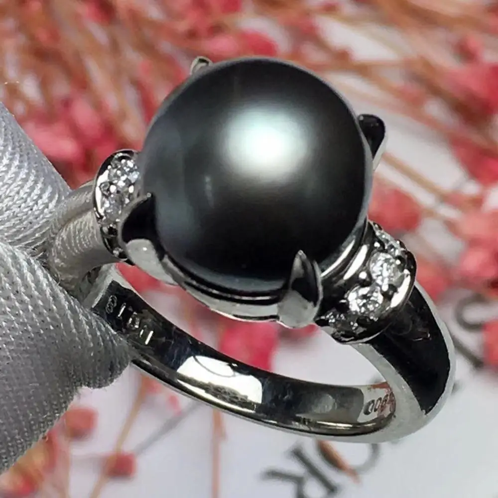 Real Pt900 100% Nature diamonds and Tahitian Black Pearl 10.9mm 