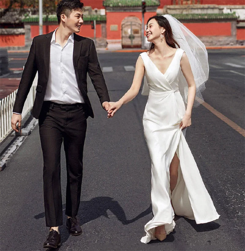 

Свадебное платье со шлейфом, с разрезом, из мягкого атласа, без рукавов, в Корейском стиле, 2021