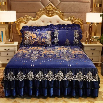 

Warm bedspread skirted short plush 1/3pcs bed cover milk velvet quilted crystal velvet non-slip bed mattres cover hot sale