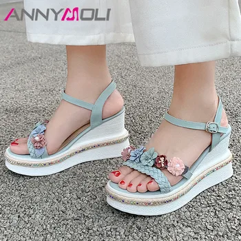 

ANNYMOLI Flower Sandals Real Leather Espadrille Platform Wedges Super High Heels Rhinestone Sandals Buckle Ladies Party Shoes 42
