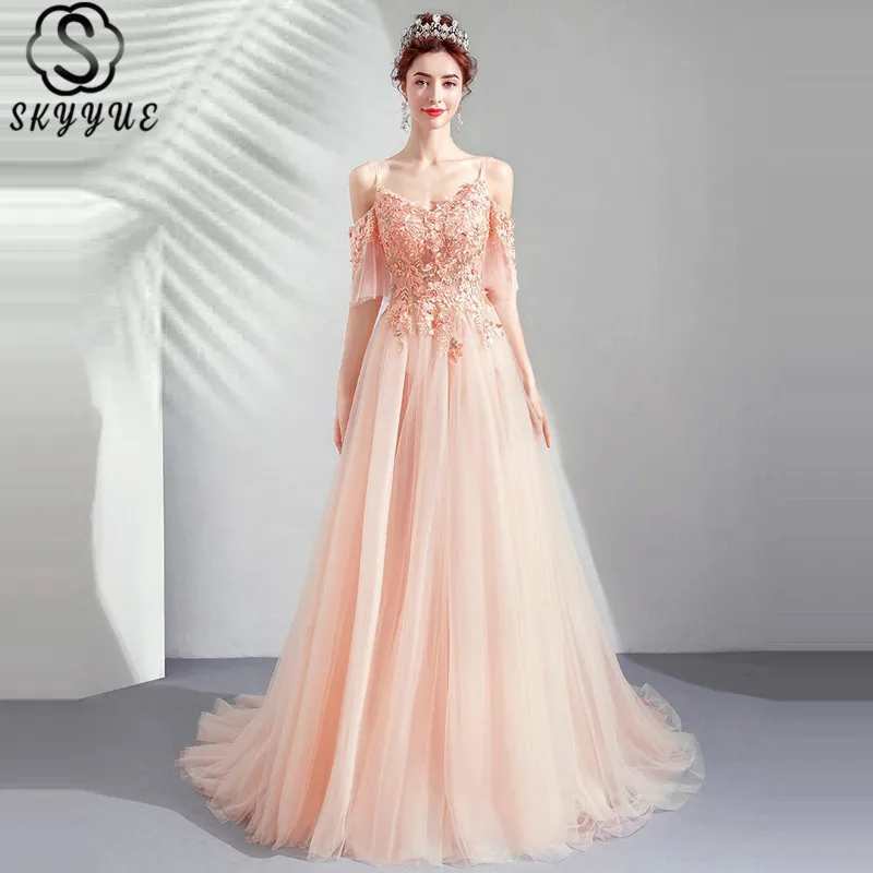 

Skyyue Prom Dresses Pink V-Neck Spaghetti Strap Beading Vestidos De Gala Short Sleeve A-Line Embroidery Prom Dresses 2019 E265