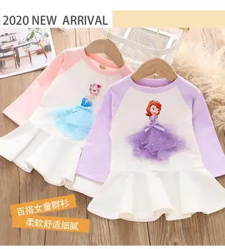 

Frozen Anna Elsa New Baby Girls Dress Patchwork Long Sleeve T Shirt Tops Dress Casual Toddler Kids Girls 3D Lace Cartoon Clothes