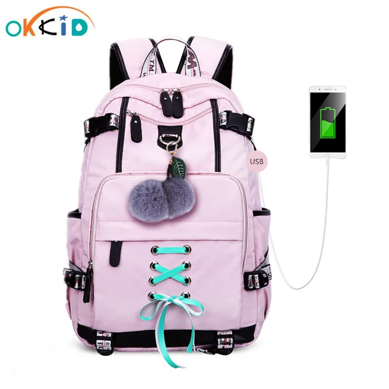 High-School-Bags Laptop Backpack Plush-Ball Teenage-Girls Female OKKID Travel Large