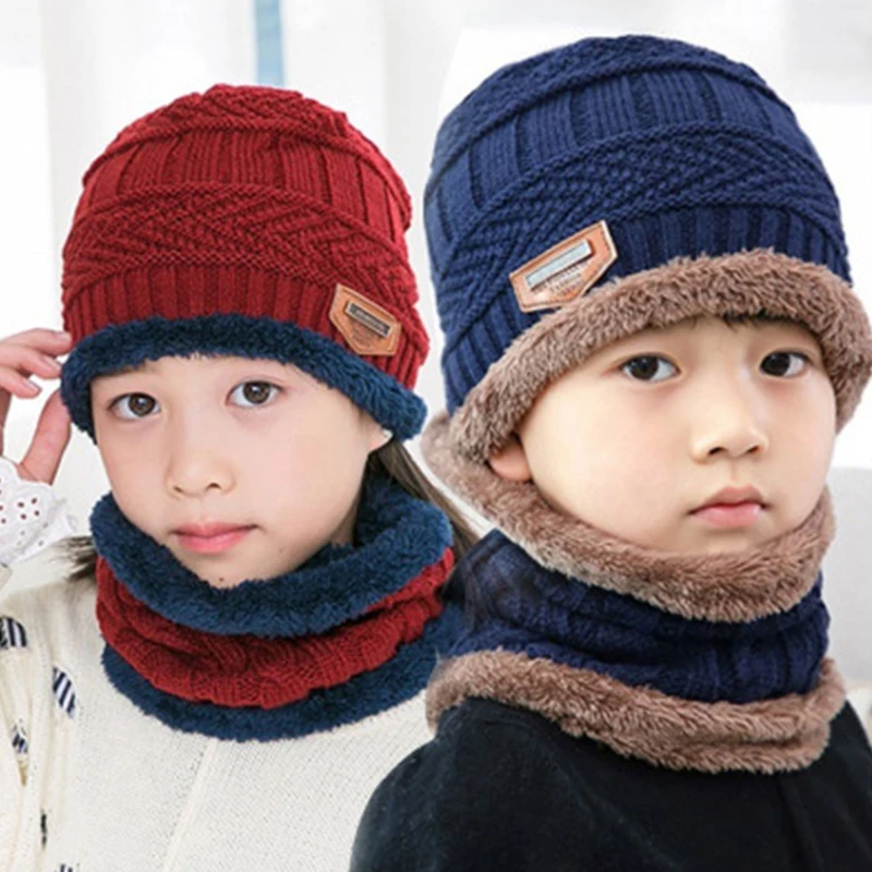 Winter Knitted Baby Beanie Hats Infant Kids Scarf Warm Coral Fleece Ear Warmers Baby Caps Turban Wool Fur Hats For Girl Boys