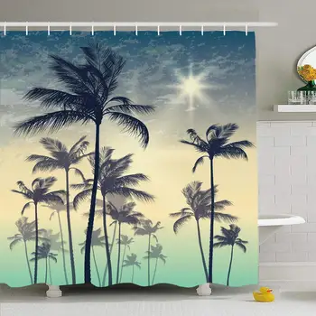 

Shower Curtain Set with Hooks 72x78 Silhouette Palm Ocean Tree On Sunset Sundown Sky Travel Nature Parks Tour Shore Summer
