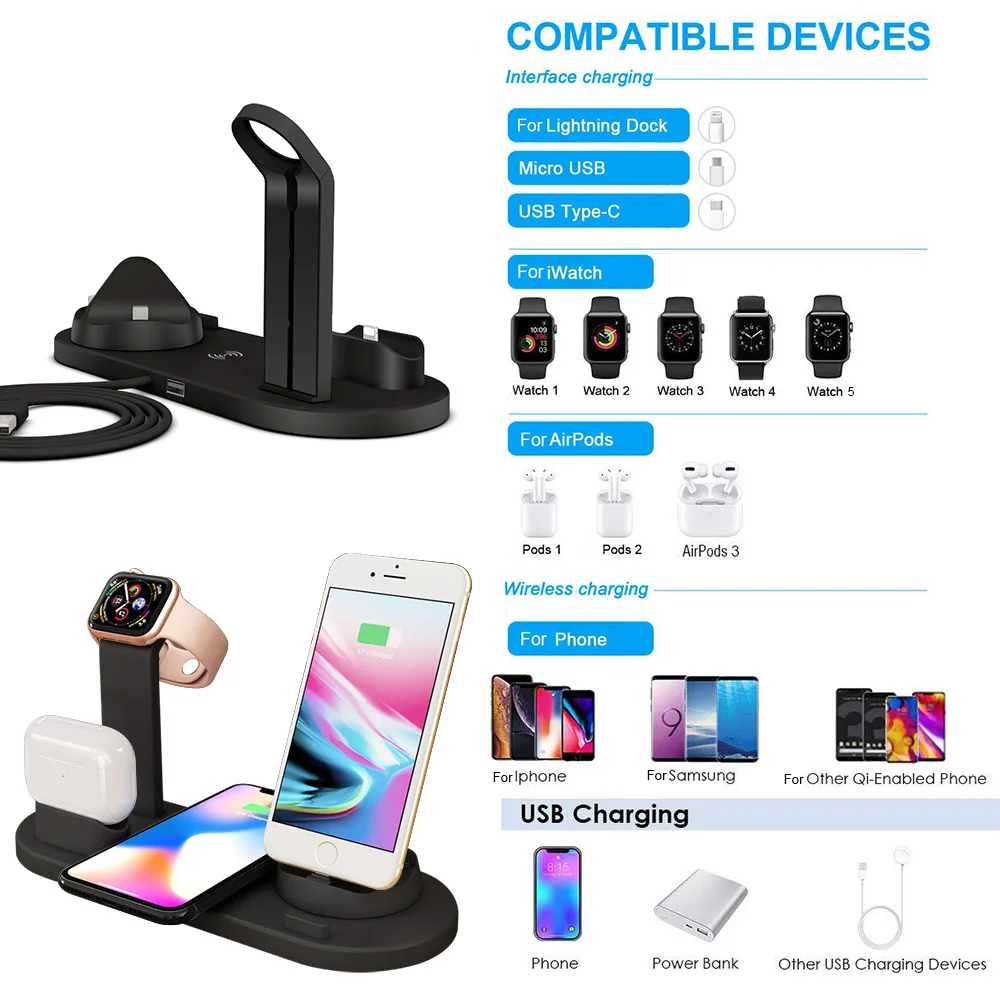 Carregador sem Fio Suporte de Carregamento 4 em 1 para Iphone Usb tipo c 3.0 para Apple Estação Doca Airpods Pro Rápido Relógio Carregador 10 w qi 5 Cheap Carregadores sem Fio