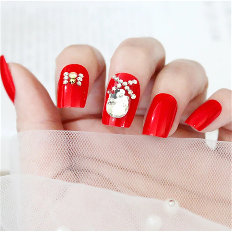 Nusx 24pcs Fake Nails Red Decor Flower Full Cover Wedding Bride Artificial Patches False Nail Tips 2