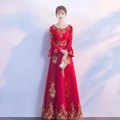 Весна Осень женское кружевное цветочное Qipao сексуальное длинное сексуальное Чонсам Новое винтажное китайское женское вечернее платье плюс размер 3XL - Цвет: Red G
