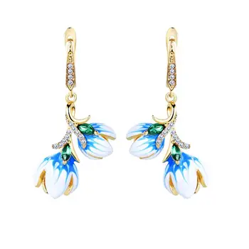

2020 New Female Bud Flower Yellow Gold Color Earrings Elegant Handmade Enamel Crystal Dangle Earrings for Women Vintage Jewelry