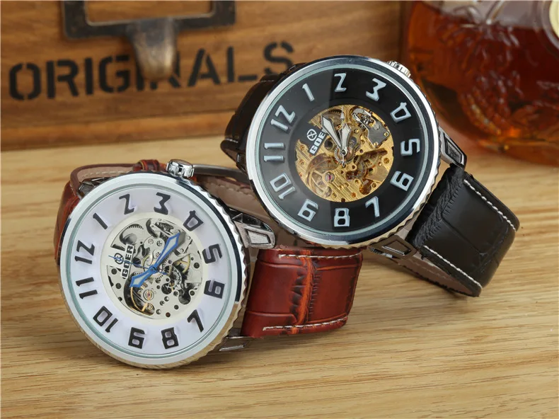 

Goer Fully Automatic Analog Watch Large Plate Men Analog Watch Leather Belt Hollow Table Gz0049