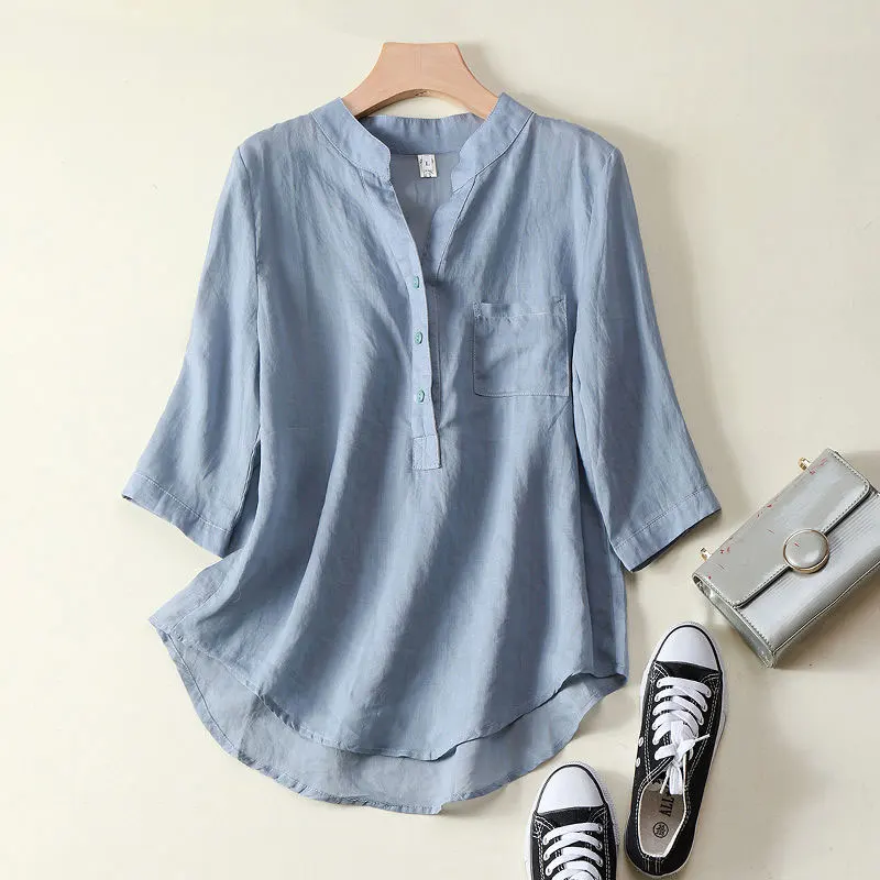 

Женская блузка из хлопка и льна, Повседневная белая однотонная рубашка с рукавом 2021 и V-образным вырезом, с одним карманом, V490, лето 3/4