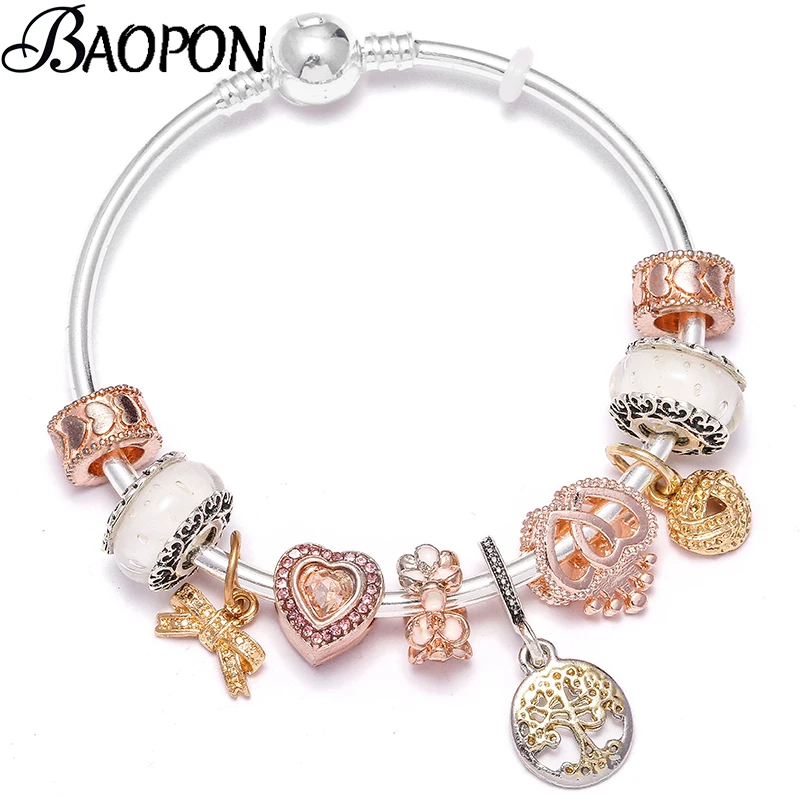 

Silver Life Of Tree Pendant Charm Bracelet Bangles With Bowknot & Heart To Heart Beads Fine Bracelets For Women Jewelry Gift