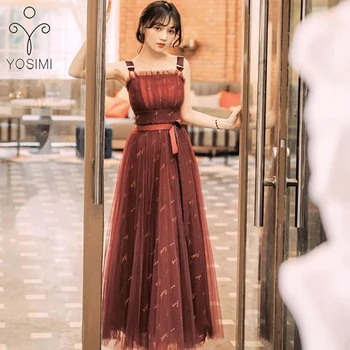 

YOSIMI 2019 Summer Vintage Embroidery Long Women Dress Sleeveless Evening Party Mesh Dress Ankle-Length Strapless Bandage Dress