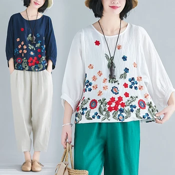 

2020 Summer Floral Embroidery Cotton Linen Women Tshirt Loose Retro Top Batwing Sleeve Womens Clothing Red White Blue Tops