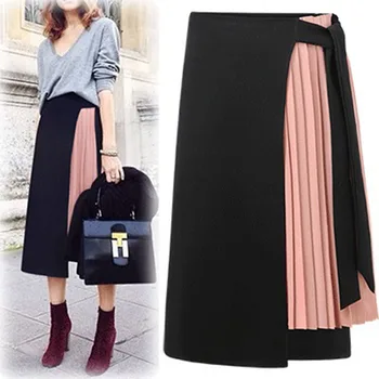 

Women Fashion Pleated Skirt Patchwork Spring Summer Irregular Skirt Fake Two Pieces High Waist Pleated Side Slit Skirt