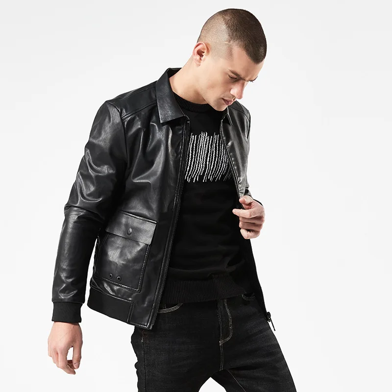 

2018 Spring And Autumn New Style Spring Fold-down Collar MEN'S PU Jacket Europe And America Slim Fit Short Locomotive Leather Co