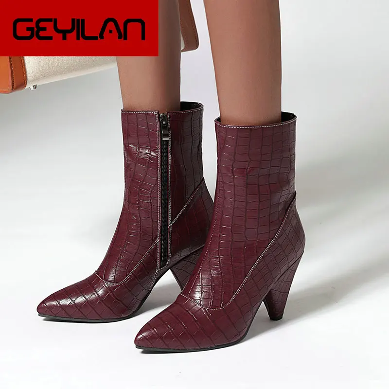 

Spike Heels Women Boots Pu Leather High Heel Ankle Boots Pointed Toe Zipper Autumn Winter Women Shoes Black Red Gold