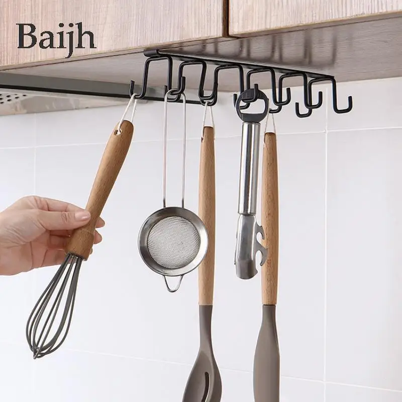 

Hot Kitchen Double-row Hook Hanging Cup Holder Household Punch-free Wall Cabinet Hook Spatula Rack Cup Storage Wrought Iron Hook