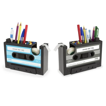 

2Set Cassette Tape Dispenser Pen Holder Vase Pencil Pot Stationery Desk Tidy Container (Black&Blue)