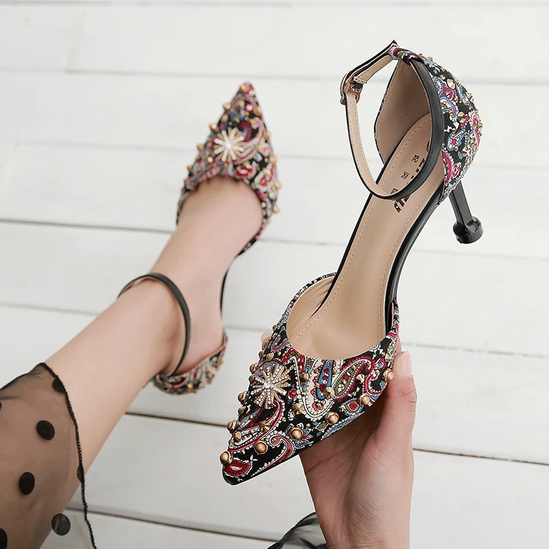 Sandalias de tacón alto con remaches étnicos para mujer, zapatos fiesta estampados, de moda, para verano|Sandalias de AliExpress