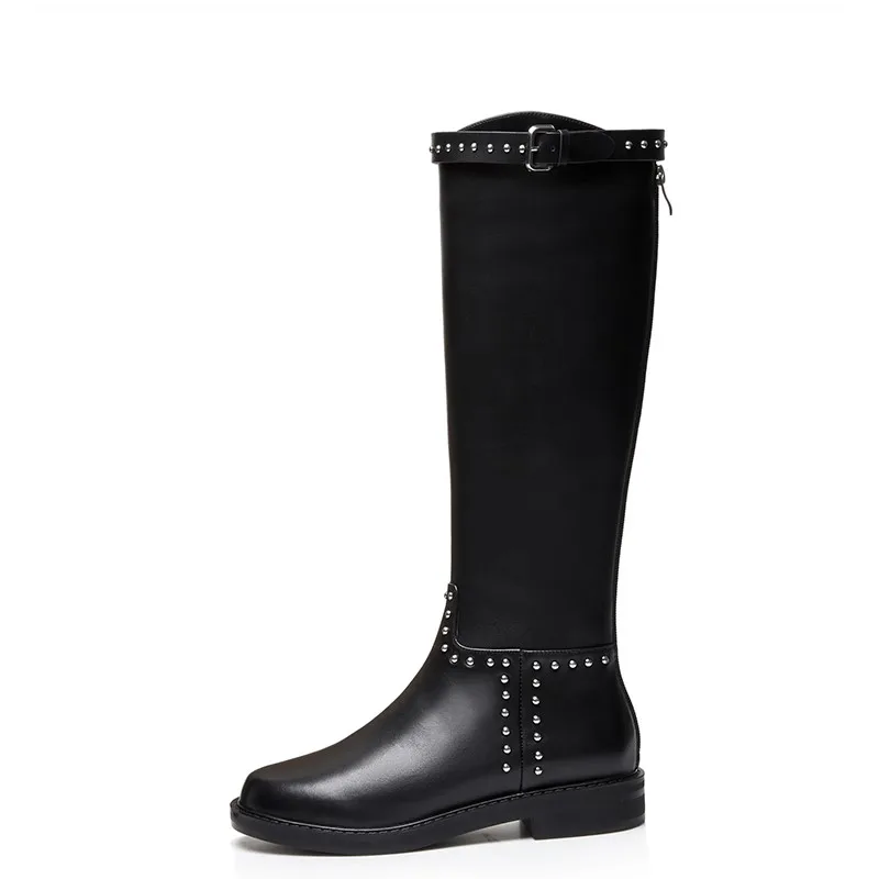 

2020 Fashion Rivet Genuine Leather Women Knee-high Boots Round Toe Female Punk Boots Motorcycle Boots for Women Low Heels B122